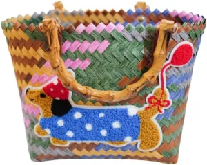 1 Vintage Woven Handbag, Crochet Satchel, Bamboo Handle, Embroidered Dog Patch, Bohemian Beach Ladies Bag, Summer Travel Beach Straw Shoulder Bag(5)