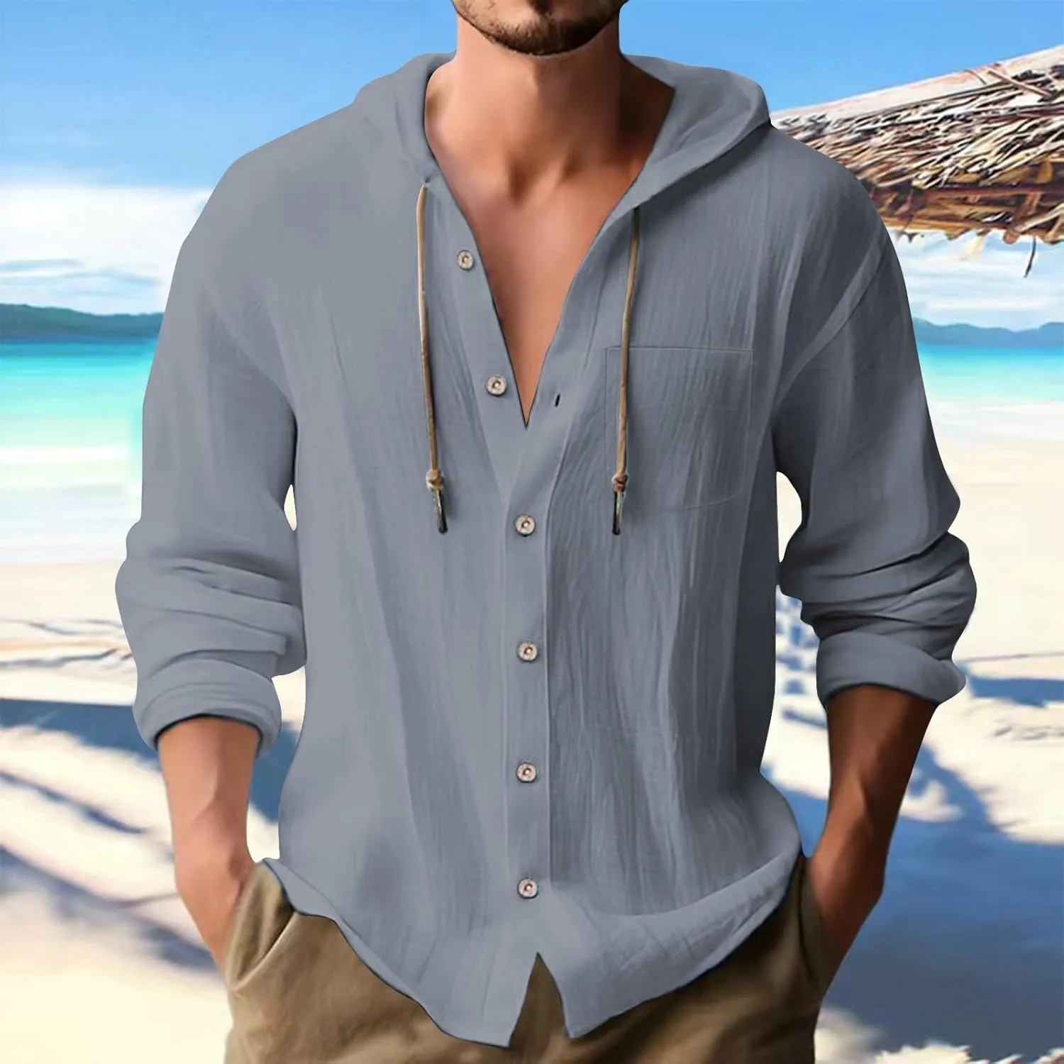 100 Percent Cotton Linen Hoodies for Men Long Sleeve Button Down Shirt Active Athletic Workout Sweatshirts for Men