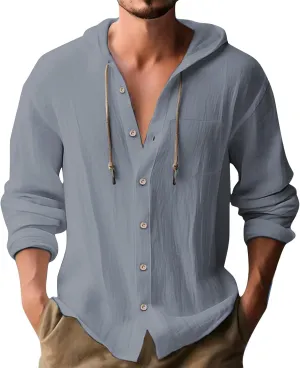 100 Percent Cotton Linen Hoodies for Men Long Sleeve Button Down Shirt Active Athletic Workout Sweatshirts for Men