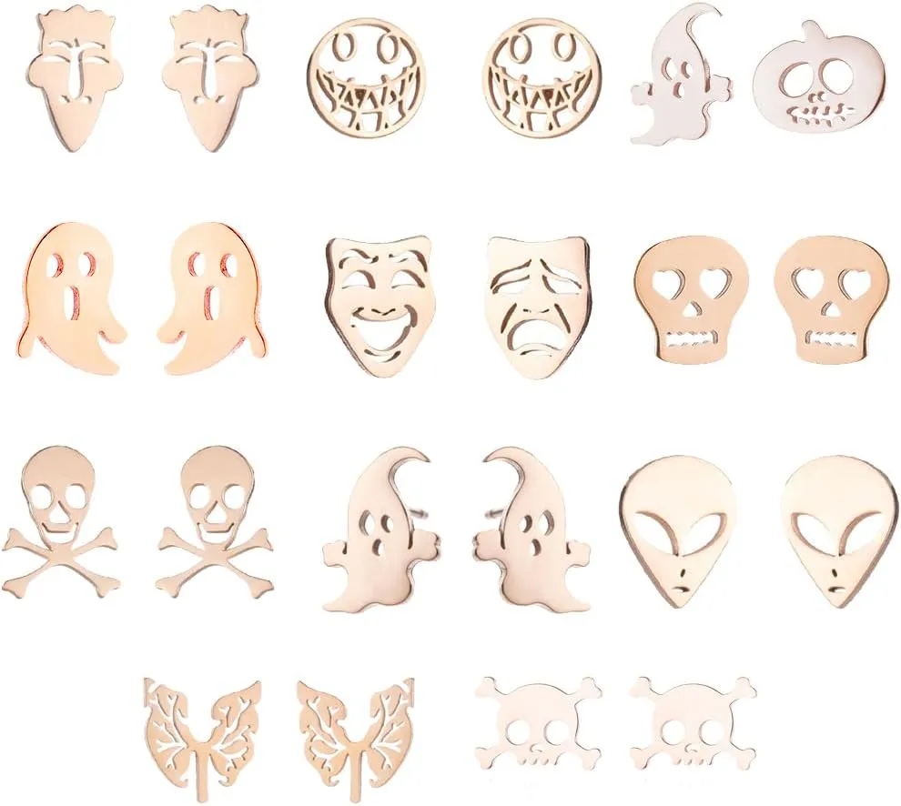 11Pairs Halloween Earrings for Women Cute Funny Earrings Stainless Steel Skull Gothic Earring Stud Mask Pirate Skull Ghost Earring Jewelry Gift