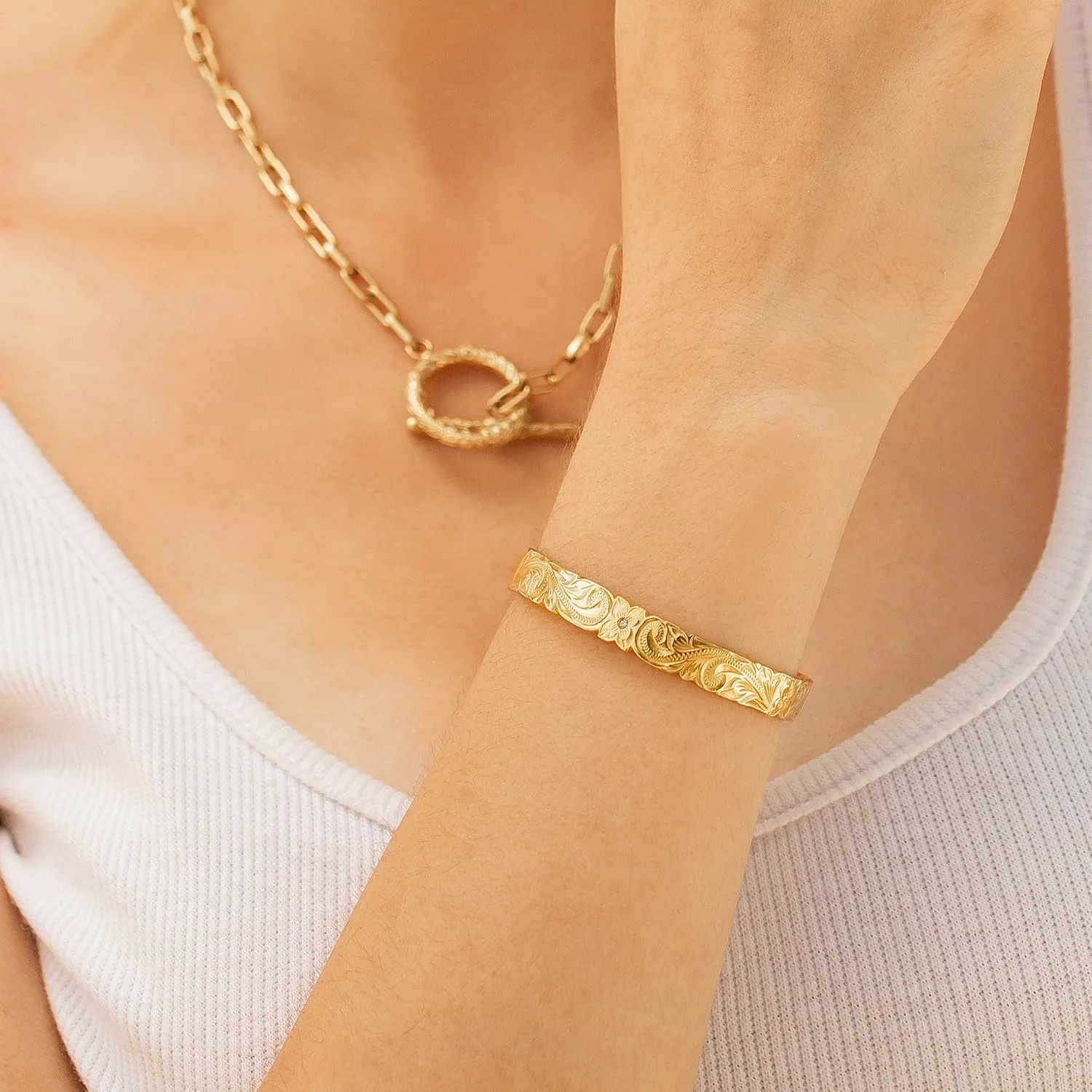 14K Gold Plated Floral Engraved Cuff Bangle for Women