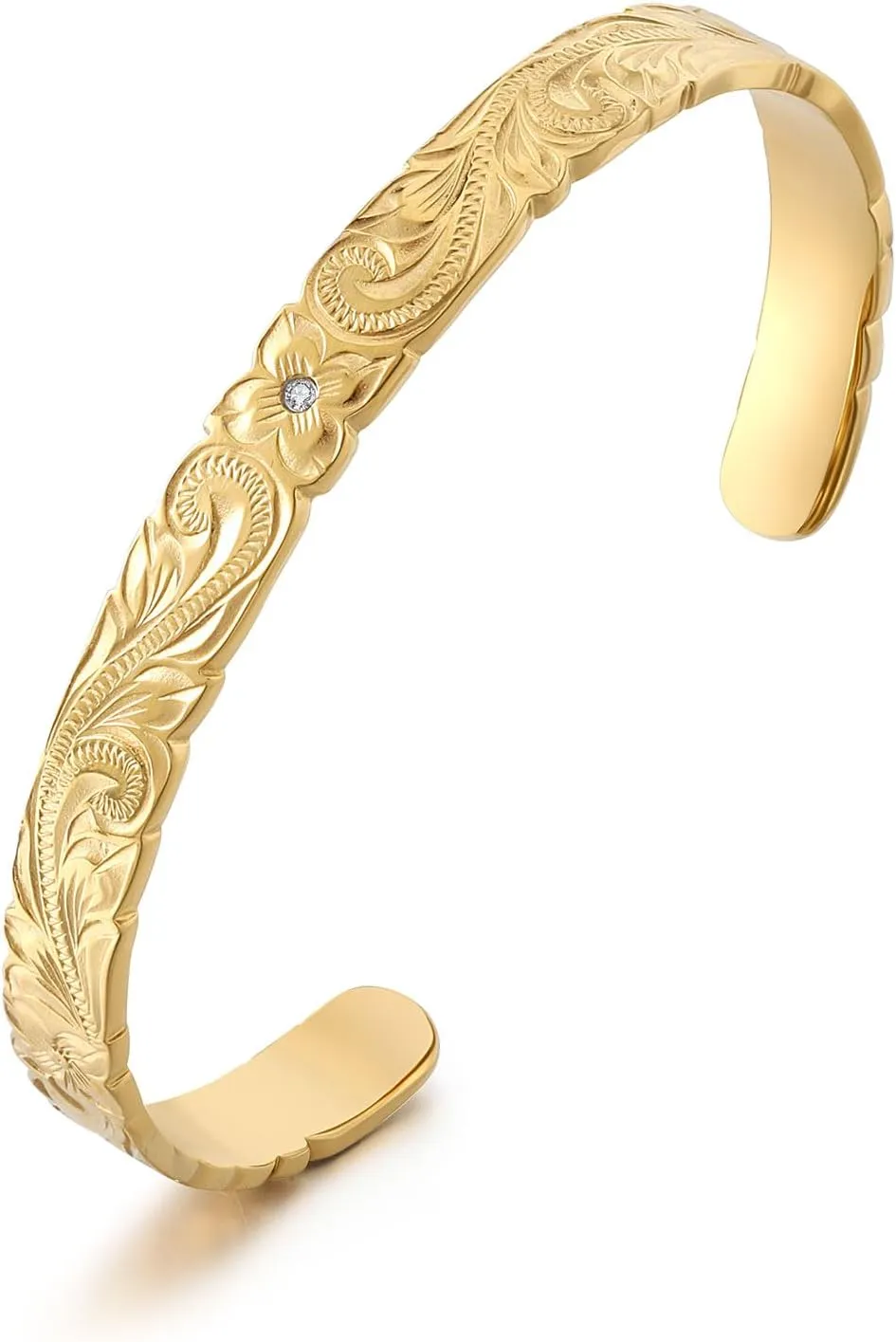 14K Gold Plated Floral Engraved Cuff Bangle for Women