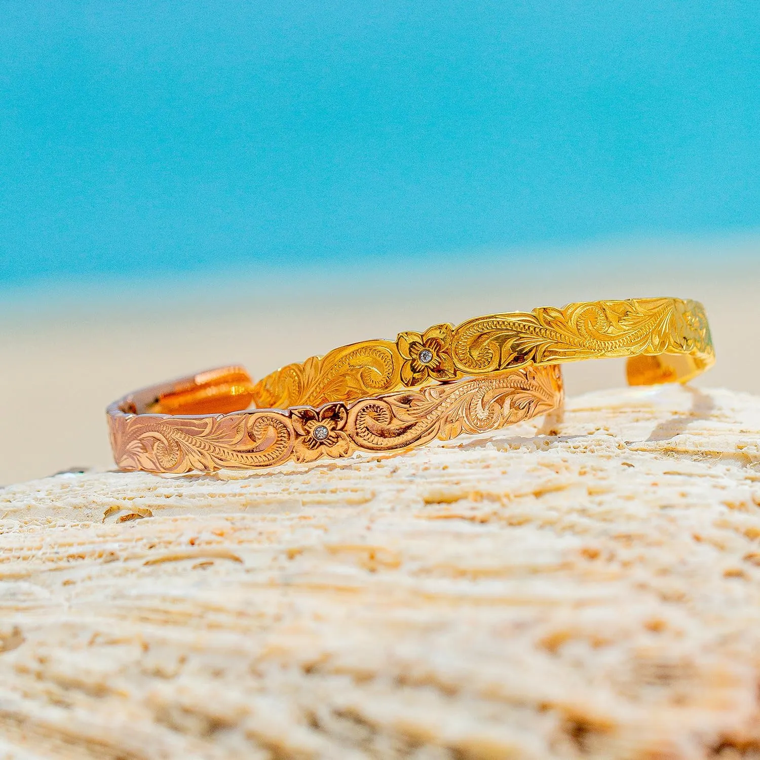 14K Gold Plated Floral Engraved Cuff Bangle for Women