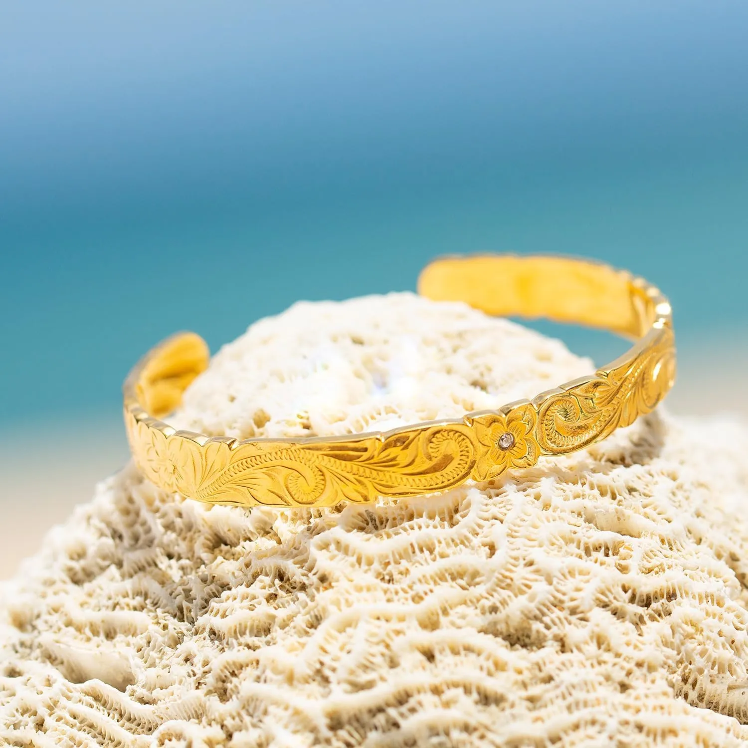 14K Gold Plated Floral Engraved Cuff Bangle for Women