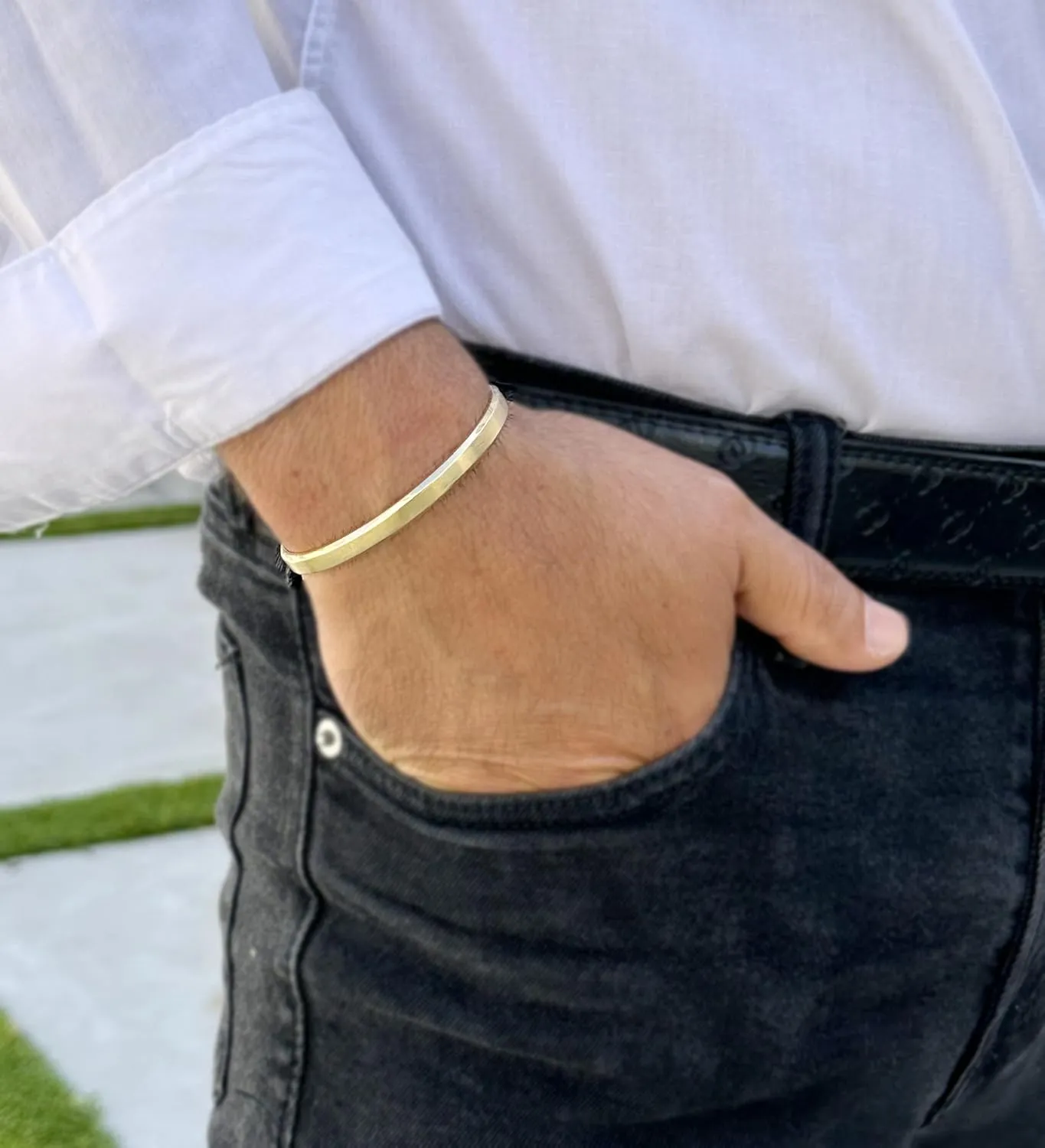 14K or 18K Solid and Very Heavy White Gold or Yellow Gold Or Rose Gold Men's Cuff Bangle 6mm Width Knife Cut Edges Design Brush Top Finish (6, 18K Yellow Gold)