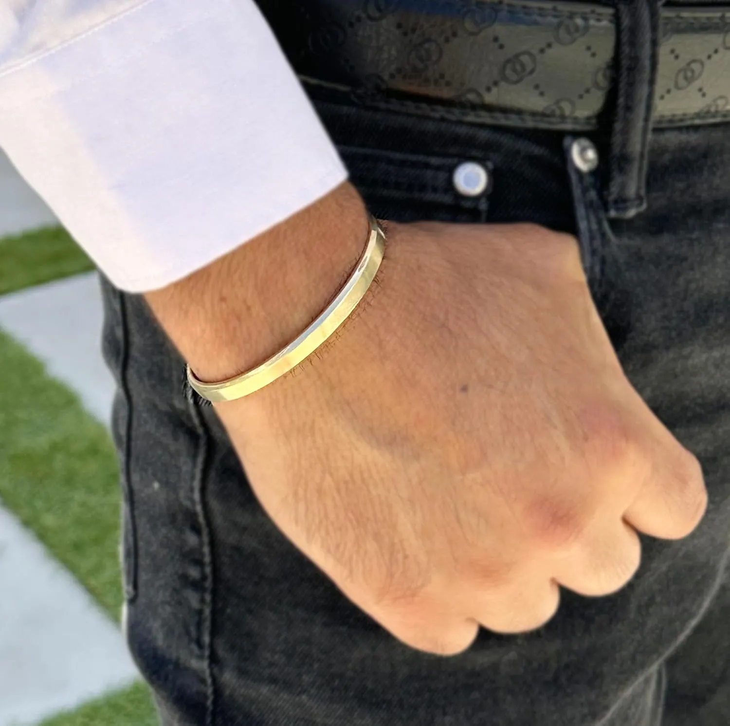 14K or 18K Solid and Very Heavy White Gold or Yellow Gold Or Rose Gold Men's Cuff Bangle 6mm Width Knife Cut Edges Design Brush Top Finish (6, 18K Yellow Gold)