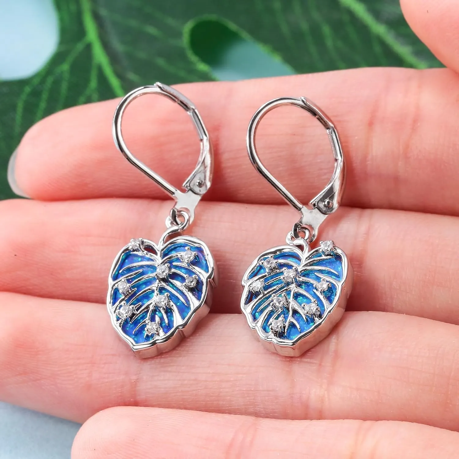14K White Gold/Yellow Gold Plated Opal Dangle Drop Earrings for Women Hypoallergenic Leaf Dangle Earrings with Opal Perfect October Birthstone Gift for Mothers Day