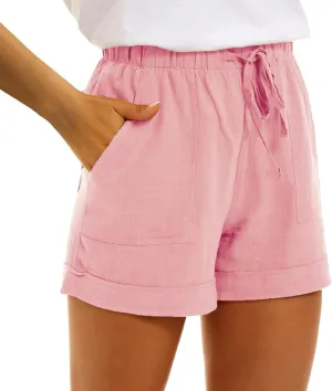 2024 Womens Linen Drawstring Shorts High Waisted Casual Loose Straight Leg Shorts Quick Dry Athletic Shorts with Pockets