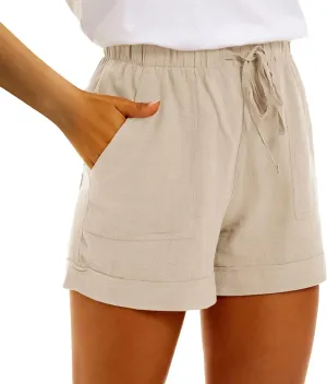 2024 Womens Linen Drawstring Shorts High Waisted Casual Loose Straight Leg Shorts Quick Dry Athletic Shorts with Pockets