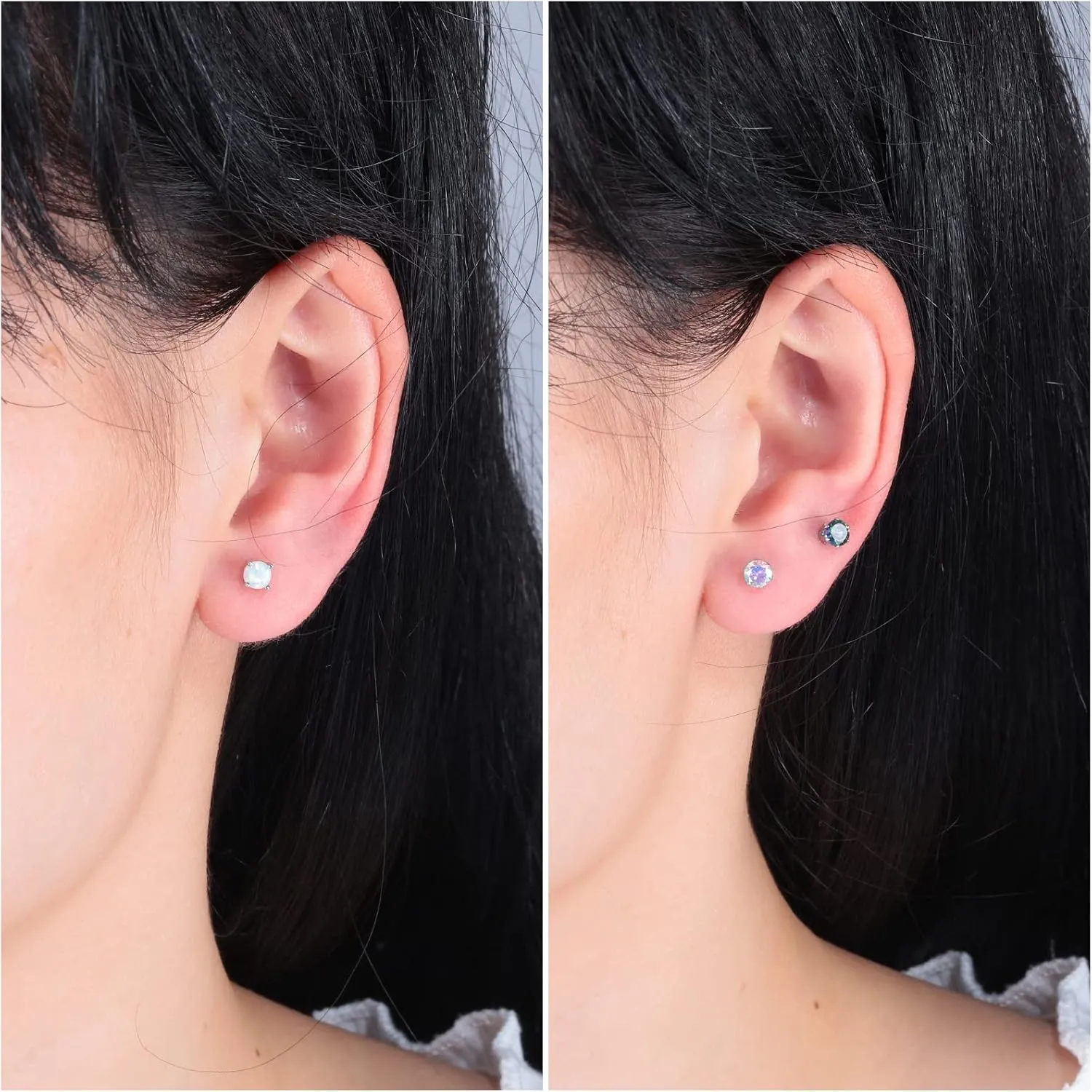 3 Pairs Stud Earrings Set, 14k Gold Plated Opal Studs Hypoallergenic Stainless Steel Cubic Zircon Stud Earrings CZ Diamond Earrings for Women Men for Sensitive Ears
