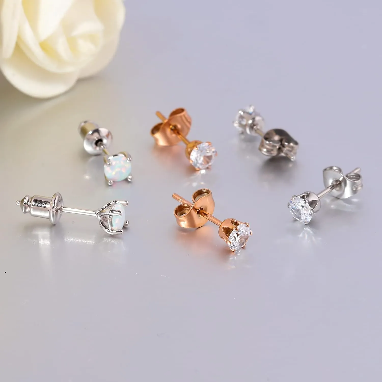 3 Pairs Stud Earrings Set, 14k Gold Plated Opal Studs Hypoallergenic Stainless Steel Cubic Zircon Stud Earrings CZ Diamond Earrings for Women Men for Sensitive Ears