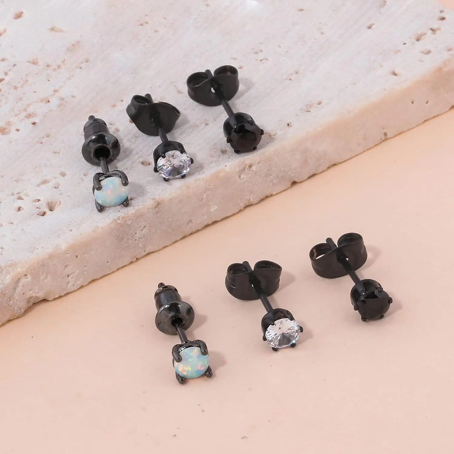 3 Pairs Stud Earrings Set, 14k Gold Plated Opal Studs Hypoallergenic Stainless Steel Cubic Zircon Stud Earrings CZ Diamond Earrings for Women Men for Sensitive Ears
