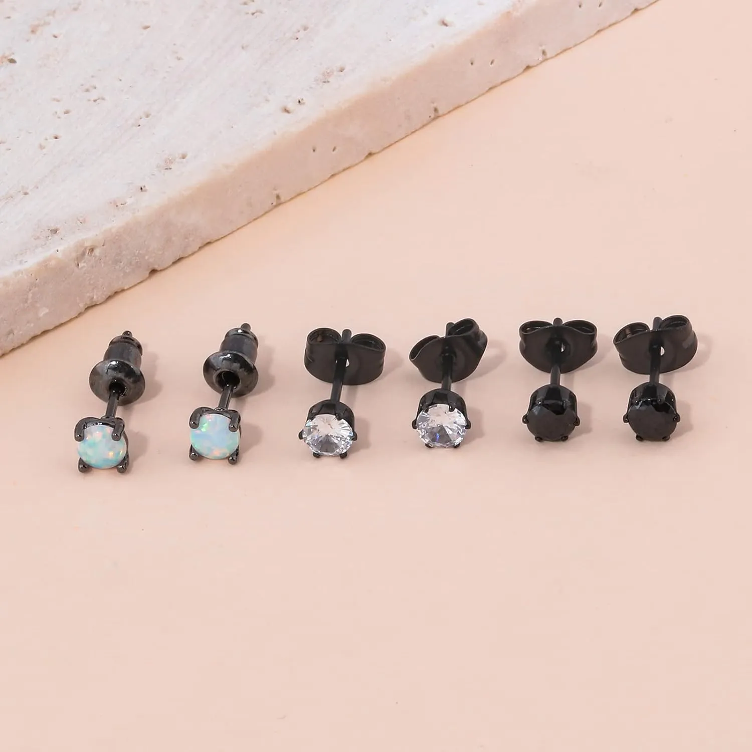 3 Pairs Stud Earrings Set, 14k Gold Plated Opal Studs Hypoallergenic Stainless Steel Cubic Zircon Stud Earrings CZ Diamond Earrings for Women Men for Sensitive Ears