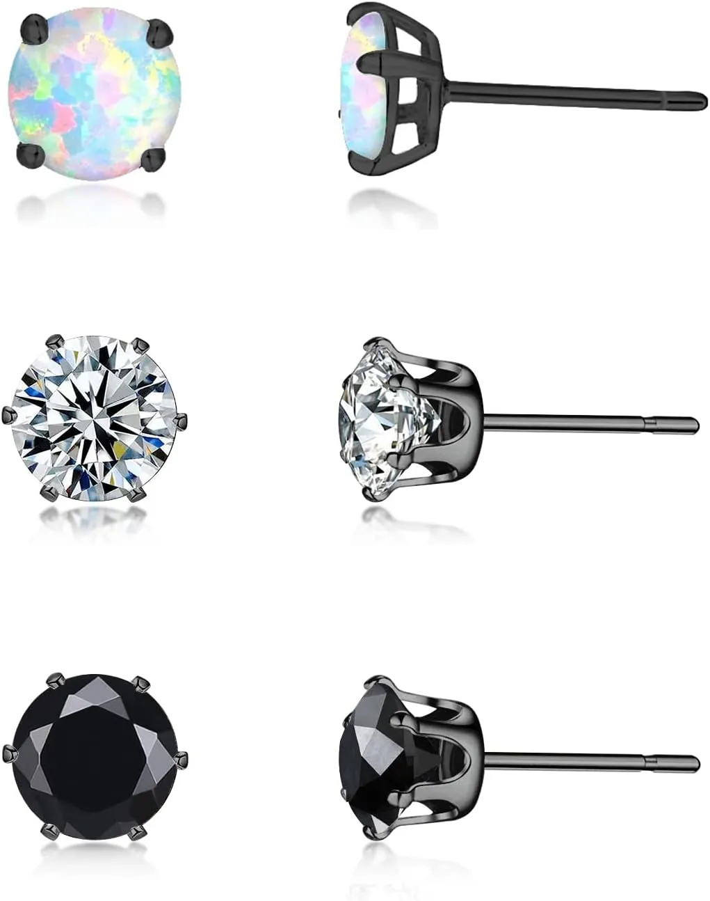 3 Pairs Stud Earrings Set, 14k Gold Plated Opal Studs Hypoallergenic Stainless Steel Cubic Zircon Stud Earrings CZ Diamond Earrings for Women Men for Sensitive Ears