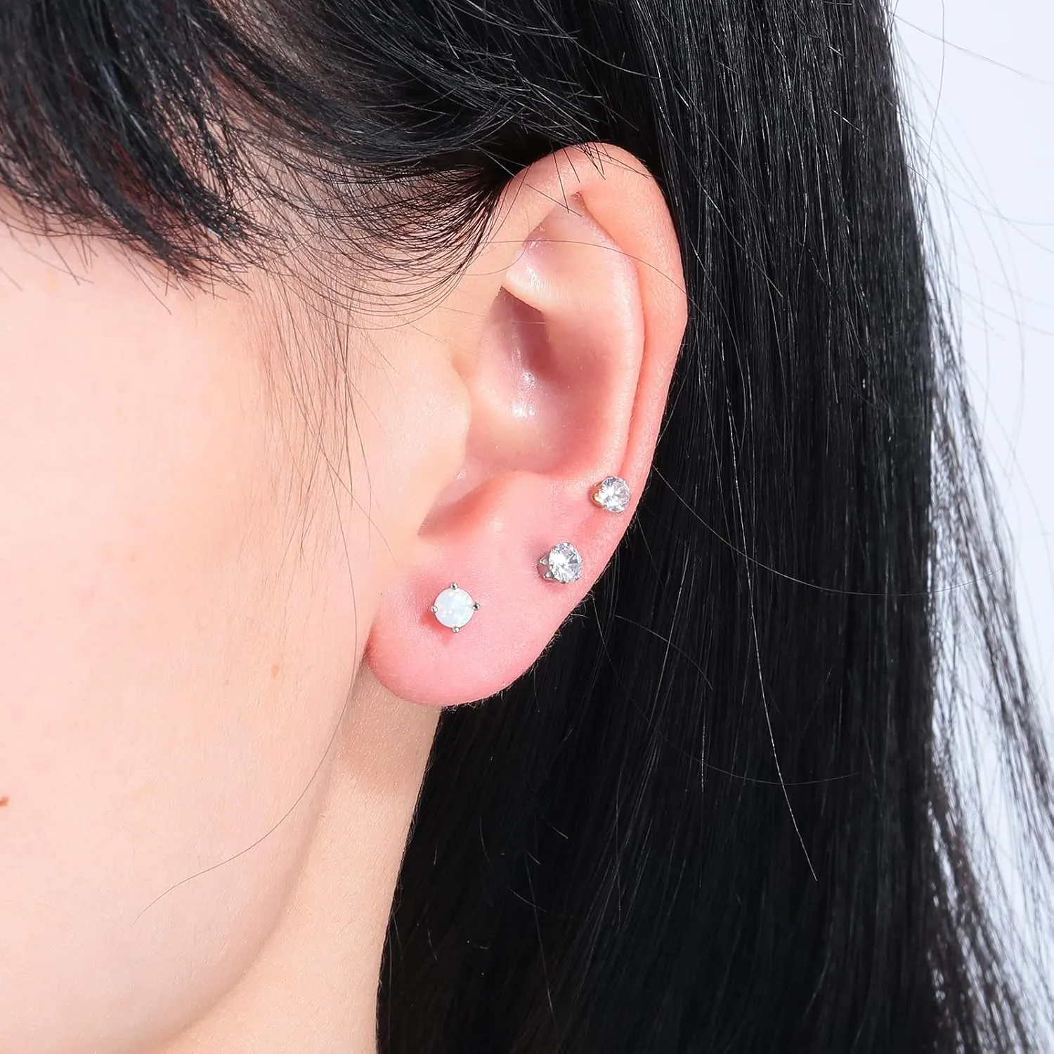 3 Pairs Stud Earrings Set, 14k Gold Plated Opal Studs Hypoallergenic Stainless Steel Cubic Zircon Stud Earrings CZ Diamond Earrings for Women Men for Sensitive Ears