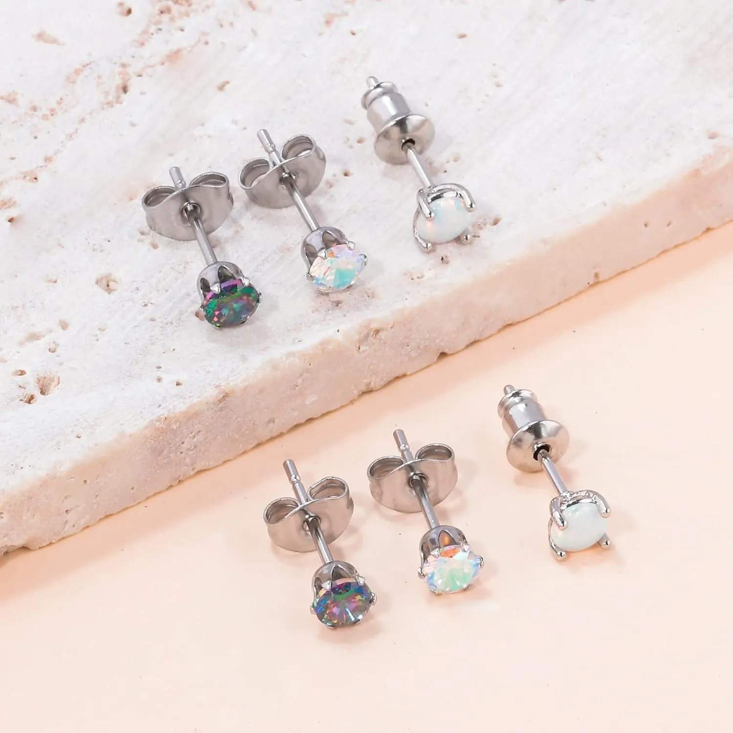 3 Pairs Stud Earrings Set, 14k Gold Plated Opal Studs Hypoallergenic Stainless Steel Cubic Zircon Stud Earrings CZ Diamond Earrings for Women Men for Sensitive Ears