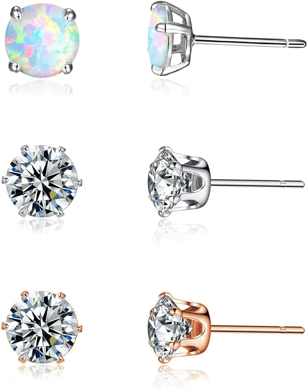 3 Pairs Stud Earrings Set, 14k Gold Plated Opal Studs Hypoallergenic Stainless Steel Cubic Zircon Stud Earrings CZ Diamond Earrings for Women Men for Sensitive Ears