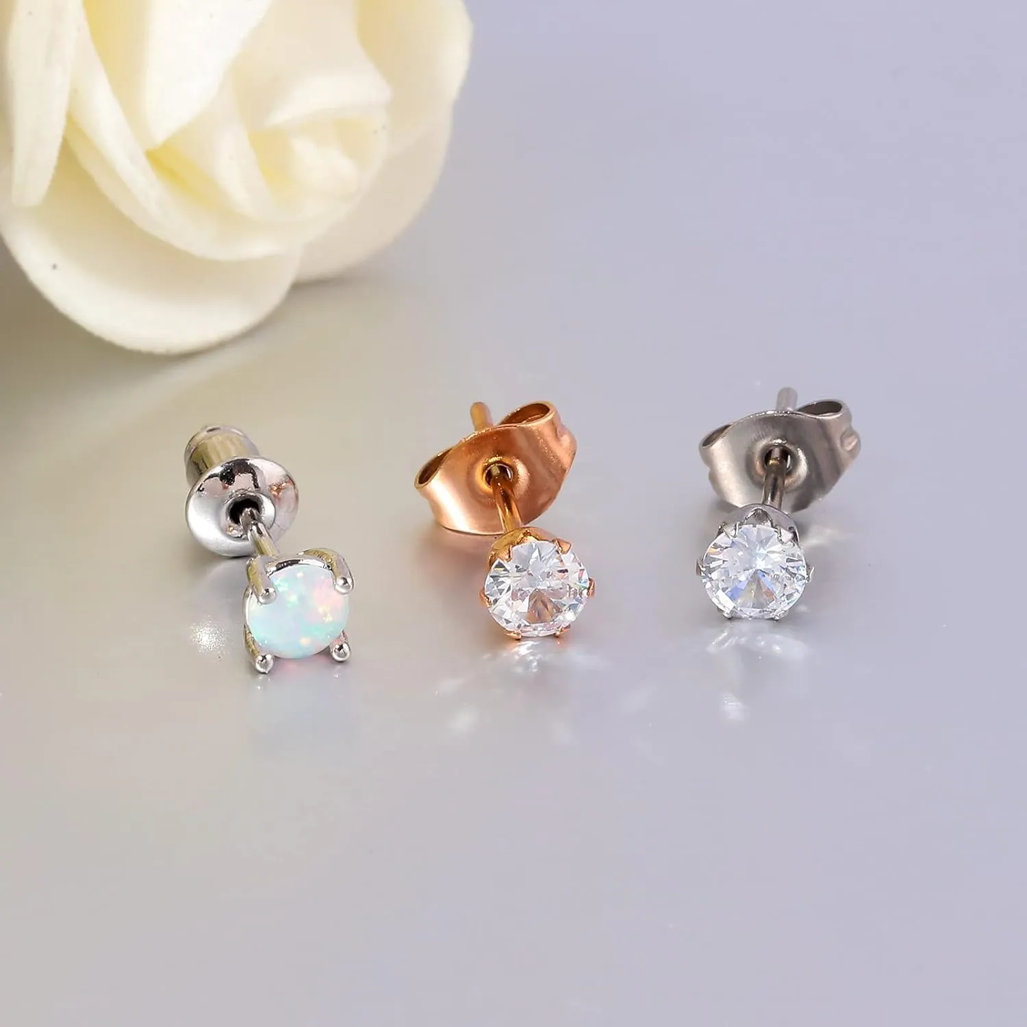 3 Pairs Stud Earrings Set, 14k Gold Plated Opal Studs Hypoallergenic Stainless Steel Cubic Zircon Stud Earrings CZ Diamond Earrings for Women Men for Sensitive Ears
