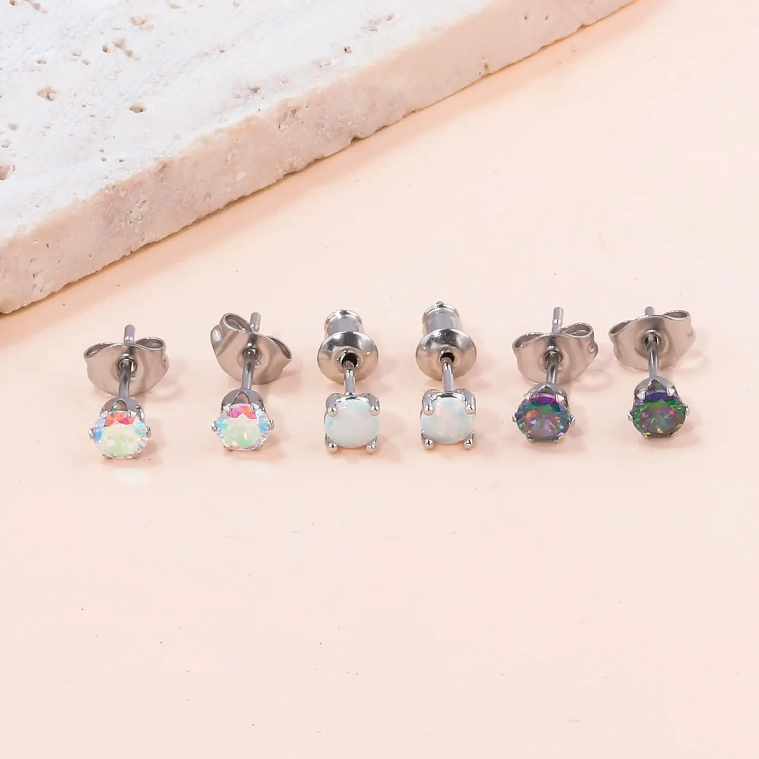 3 Pairs Stud Earrings Set, 14k Gold Plated Opal Studs Hypoallergenic Stainless Steel Cubic Zircon Stud Earrings CZ Diamond Earrings for Women Men for Sensitive Ears