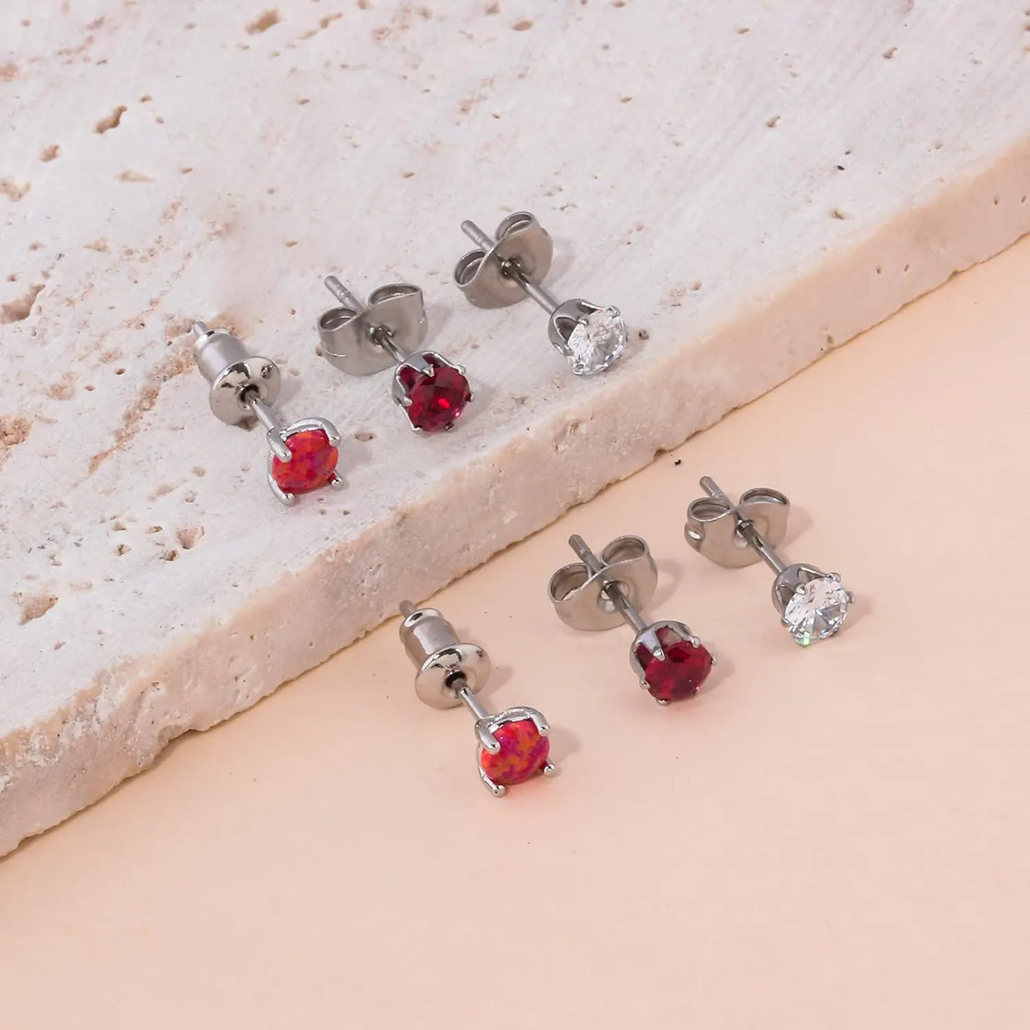 3 Pairs Stud Earrings Set, 14k Gold Plated Opal Studs Hypoallergenic Stainless Steel Cubic Zircon Stud Earrings CZ Diamond Earrings for Women Men for Sensitive Ears