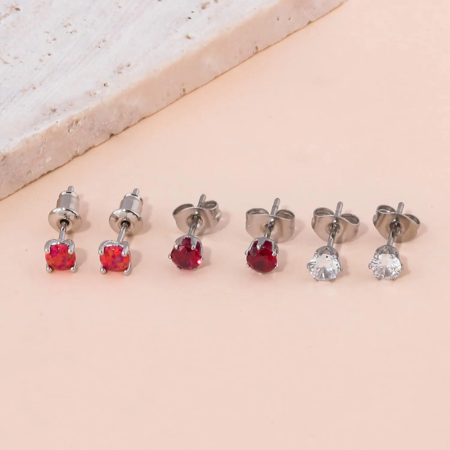 3 Pairs Stud Earrings Set, 14k Gold Plated Opal Studs Hypoallergenic Stainless Steel Cubic Zircon Stud Earrings CZ Diamond Earrings for Women Men for Sensitive Ears