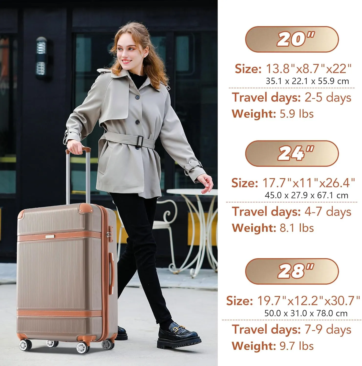 3 Piece ABS Hard Shell Suitcase Luggage Set with TSA Lock and Durable Corner Guards 8 Wheels Suitcase for Effortless Trave, Coppery and Brown