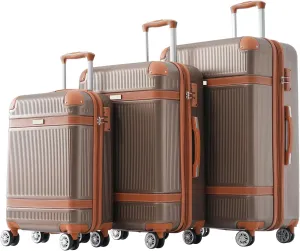 3 Piece ABS Hard Shell Suitcase Luggage Set with TSA Lock and Durable Corner Guards 8 Wheels Suitcase for Effortless Trave, Coppery and Brown