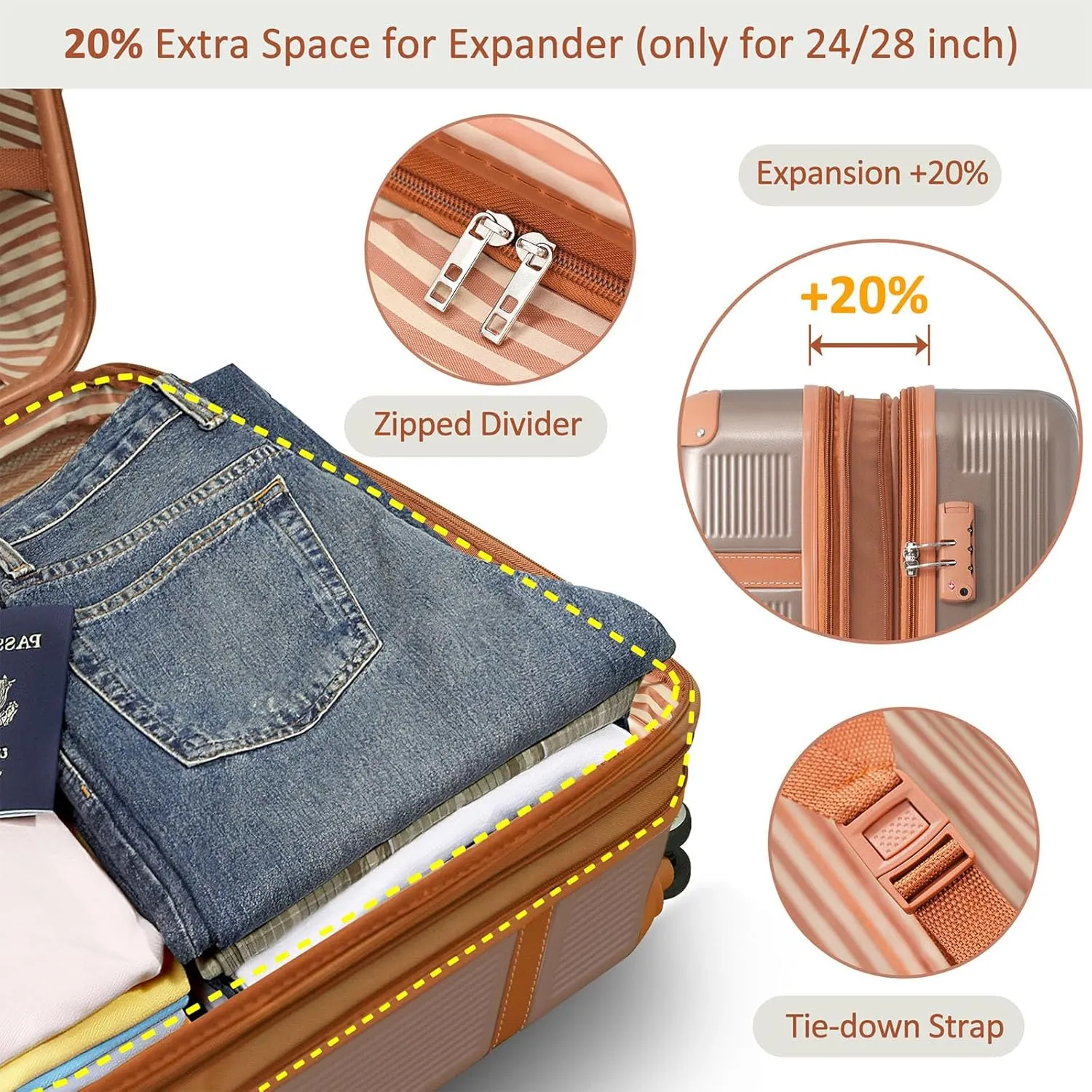 3 Piece ABS Hard Shell Suitcase Luggage Set with TSA Lock and Durable Corner Guards 8 Wheels Suitcase for Effortless Trave, Coppery and Brown