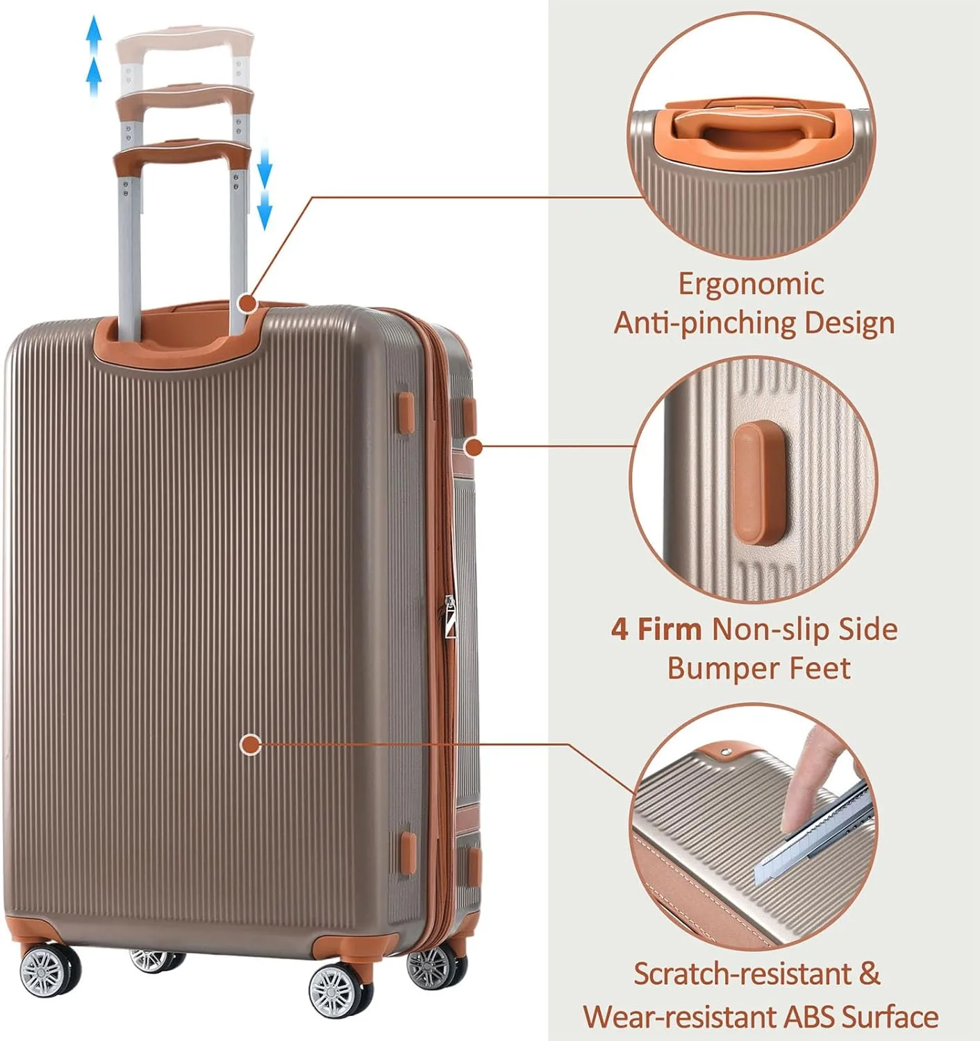 3 Piece ABS Hard Shell Suitcase Luggage Set with TSA Lock and Durable Corner Guards 8 Wheels Suitcase for Effortless Trave, Coppery and Brown