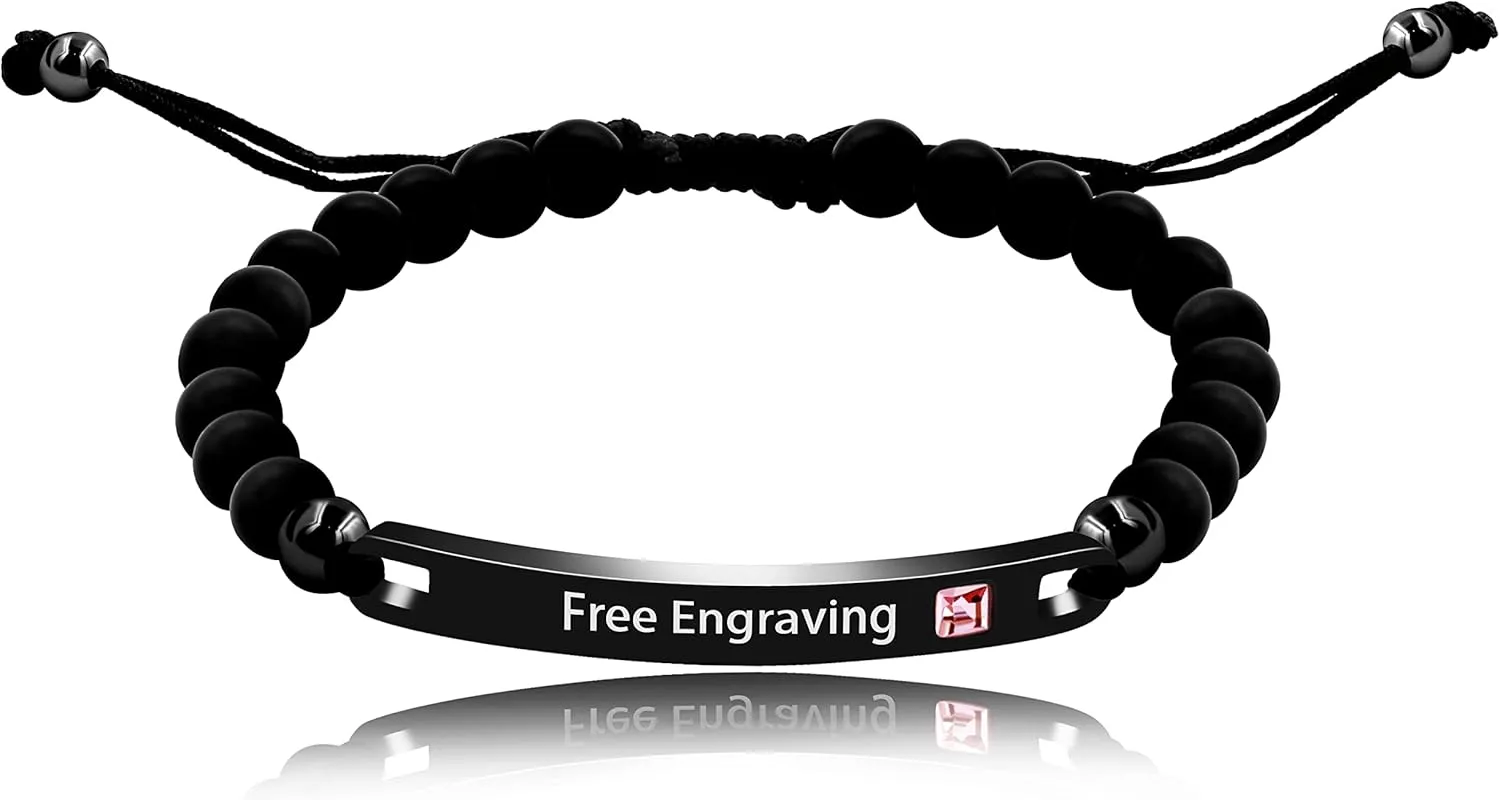 6mm Black Matte Onyx Stone Handmade Personalized Name Bracelet for Men Women, Custom Braided Bracelet for Mom Dad Couples Best Friends Birthday Gift Y2066, Black Plate,Pink CZ, 6mm Black Matte Bead