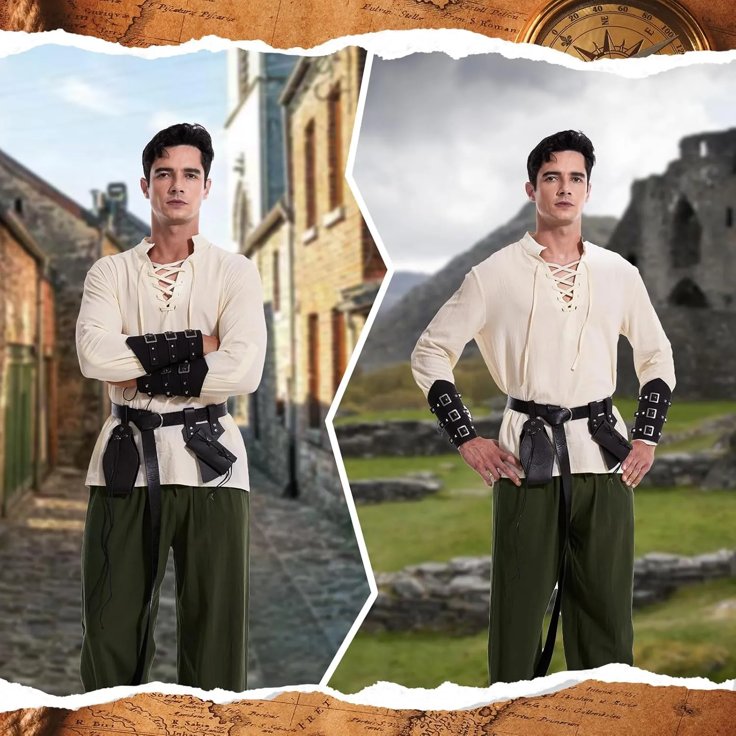 7 Pcs Men's Renaissance Costume Medieval Pirate Shirt Ankle Banded Pants Viking Costume Accessories Set
