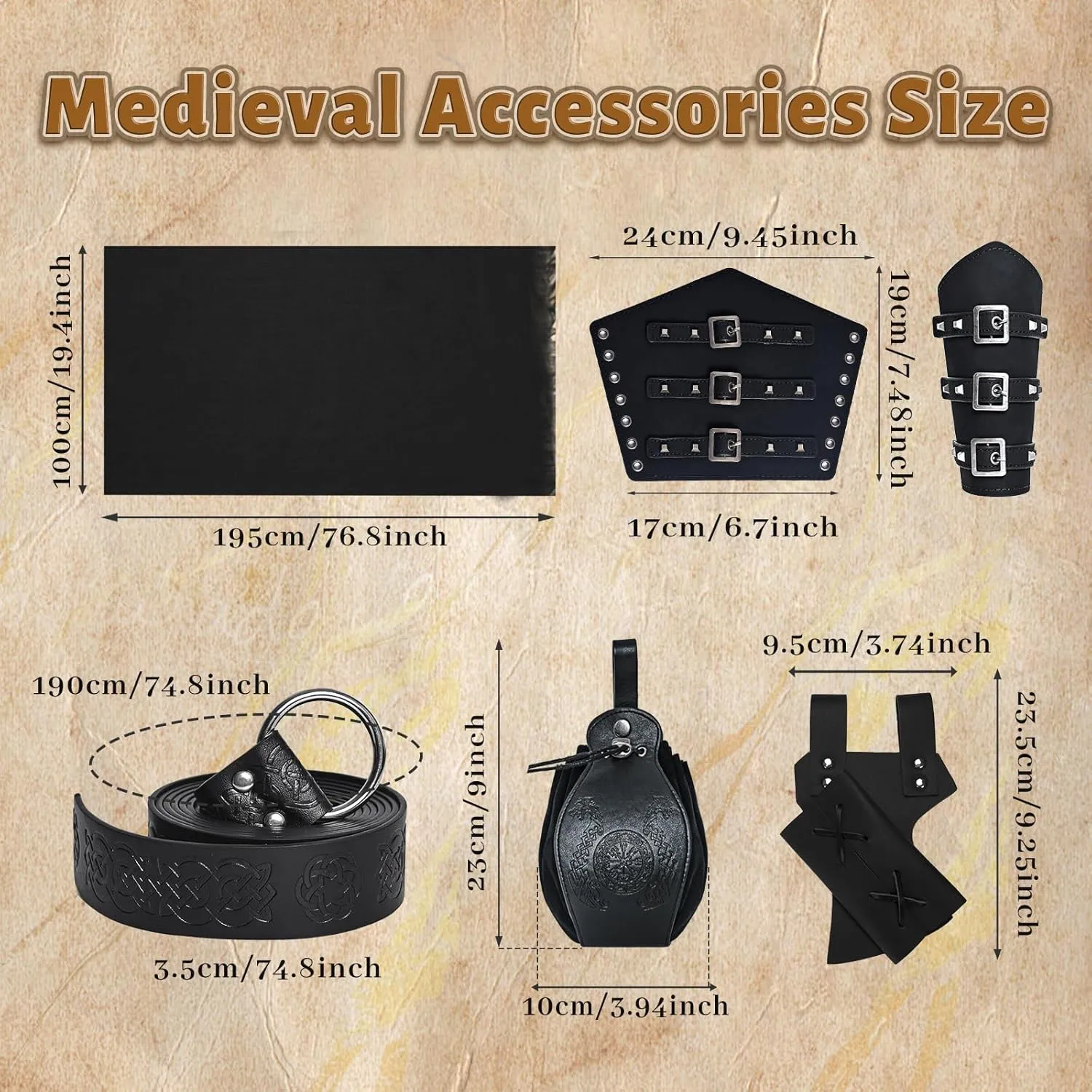 7 Pcs Men's Renaissance Costume Medieval Pirate Shirt Ankle Banded Pants Viking Costume Accessories Set