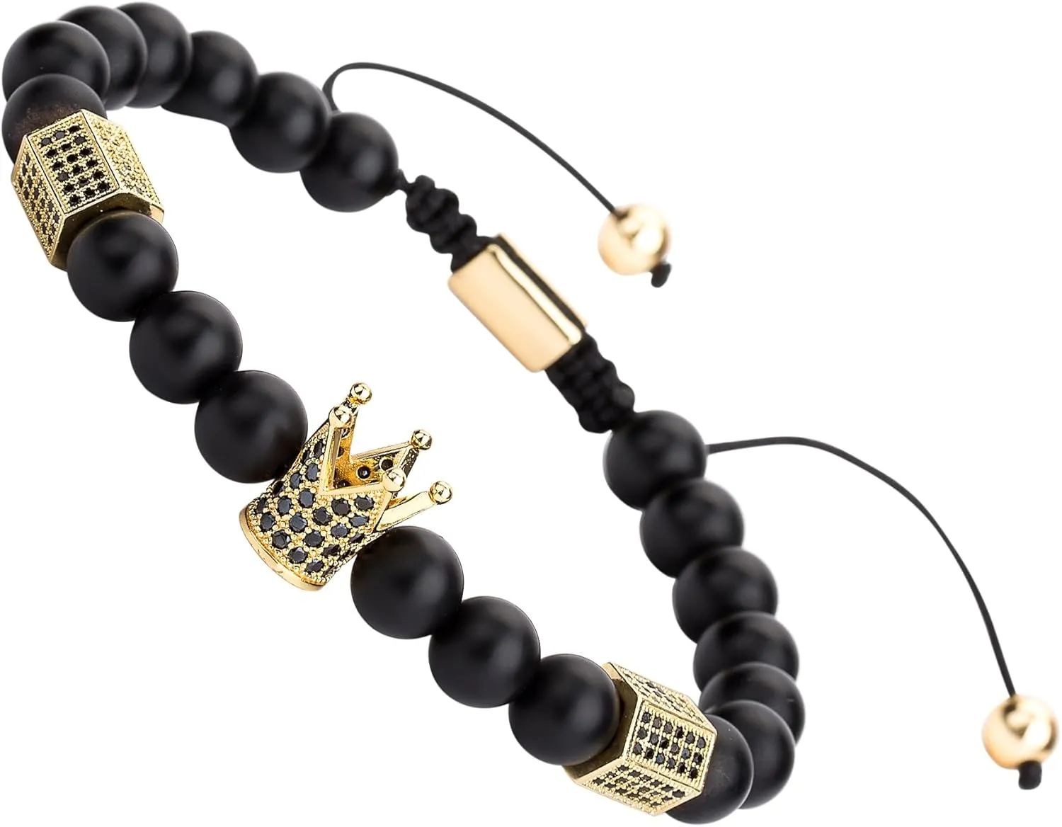 8mm Black Matte Onyx Beads King Crown Braided Bracelet for Men with CZ Charm
