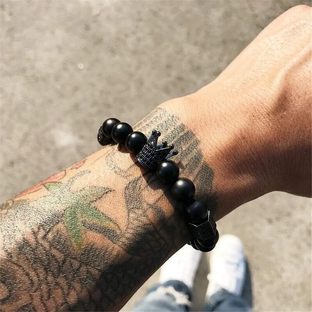 8mm Black Matte Onyx Beads King Crown Braided Bracelet for Men with CZ Charm