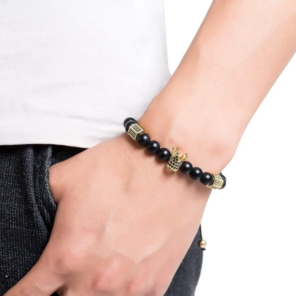 8mm Black Matte Onyx Beads King Crown Braided Bracelet for Men with CZ Charm