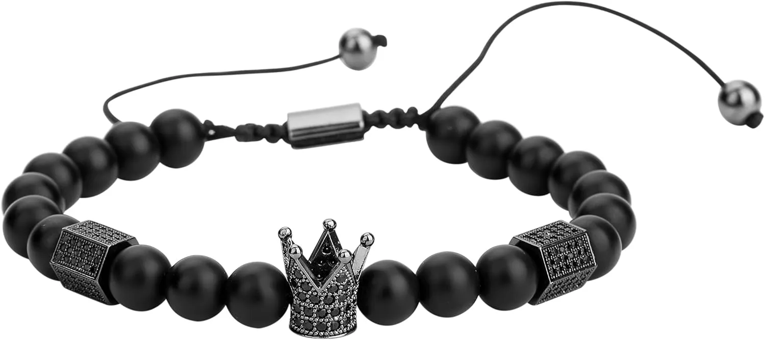 8mm Black Matte Onyx Beads King Crown Braided Bracelet for Men with CZ Charm