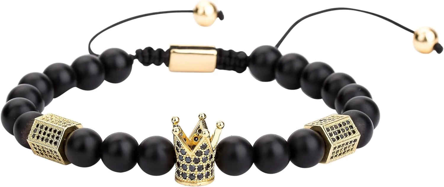 8mm Black Matte Onyx Beads King Crown Braided Bracelet for Men with CZ Charm