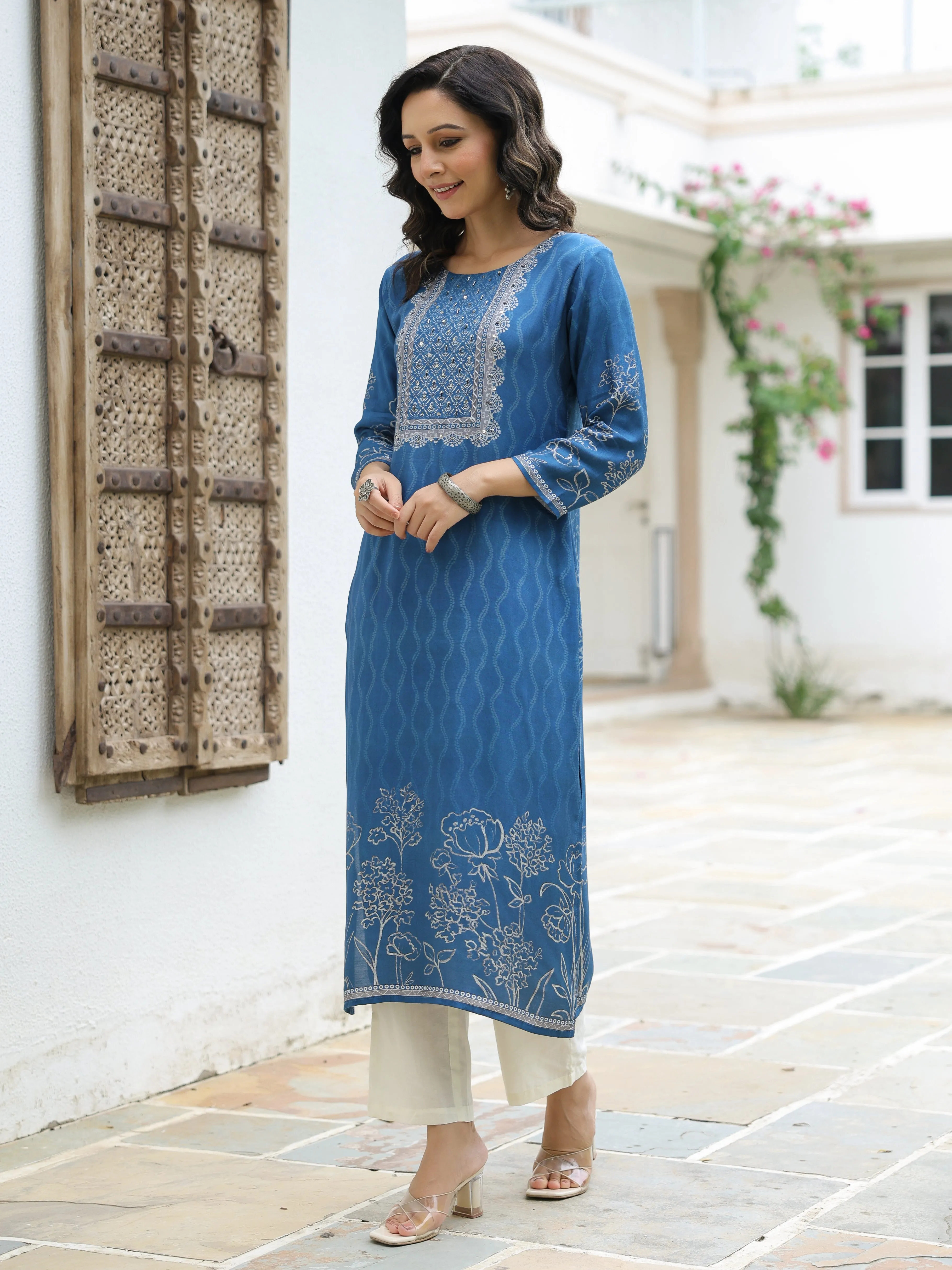 Abstract & Floral Printed Sequins & Cutdana Embellished Kurta - Blue
