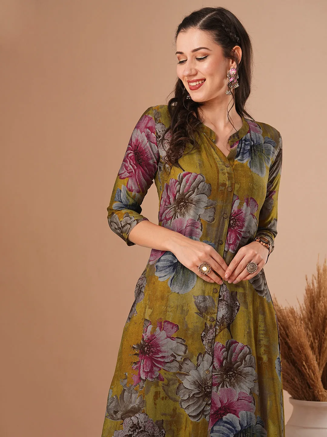 Abstract Floral Printed A-Line Kurta - Mustard