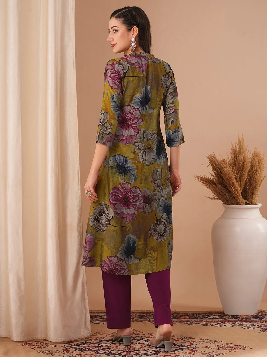 Abstract Floral Printed A-Line Kurta - Mustard