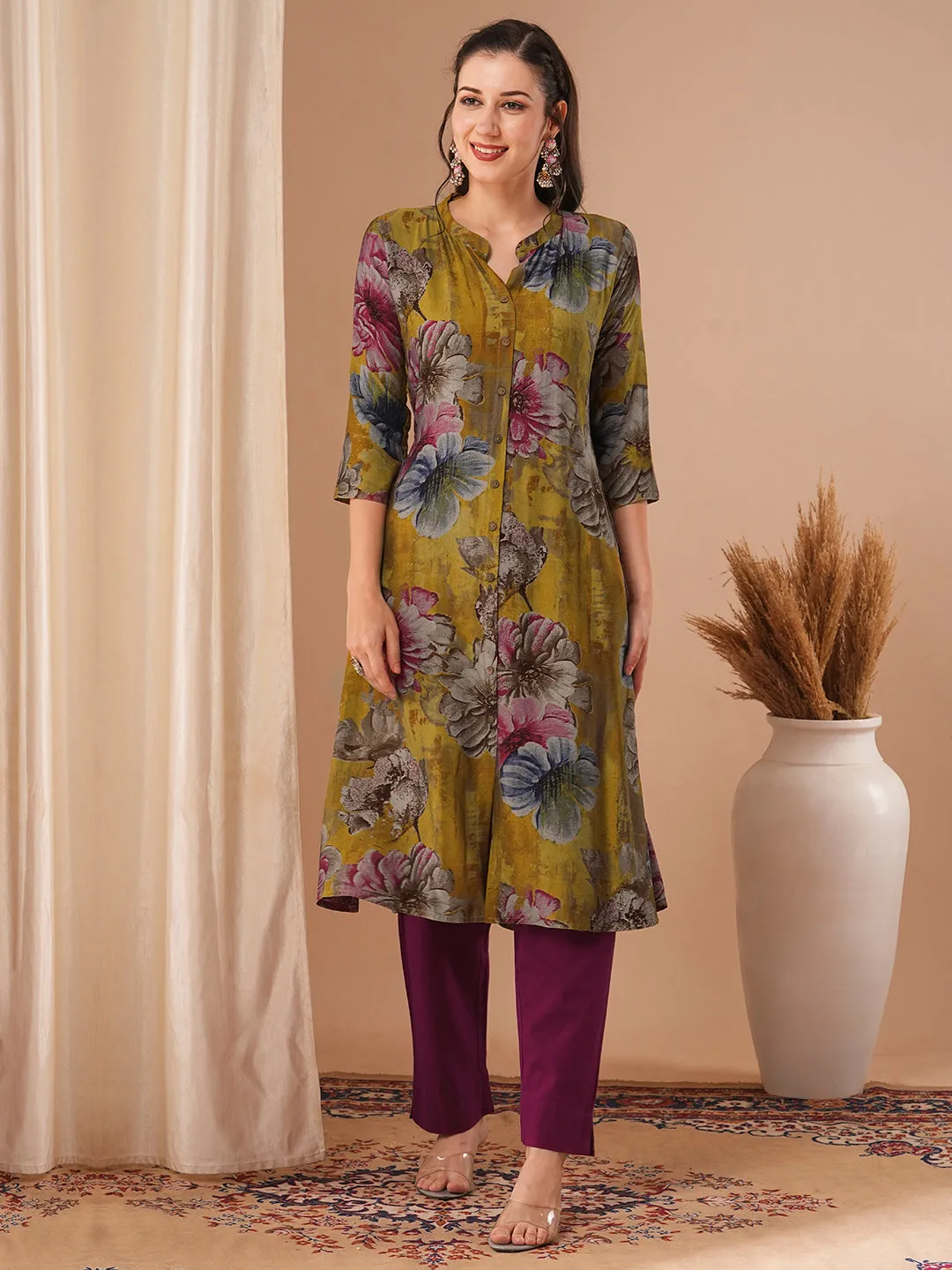 Abstract Floral Printed A-Line Kurta - Mustard