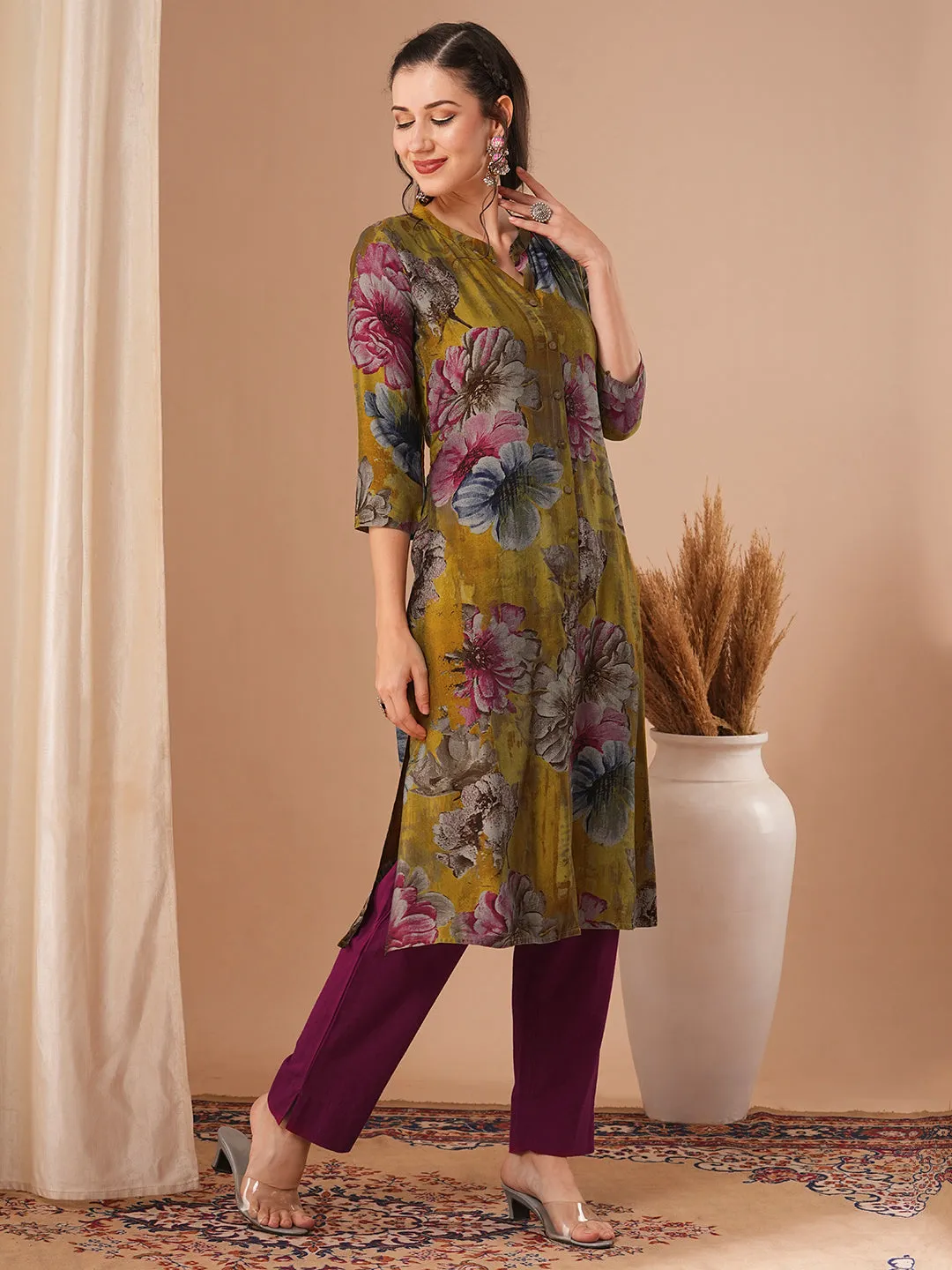 Abstract Floral Printed A-Line Kurta - Mustard