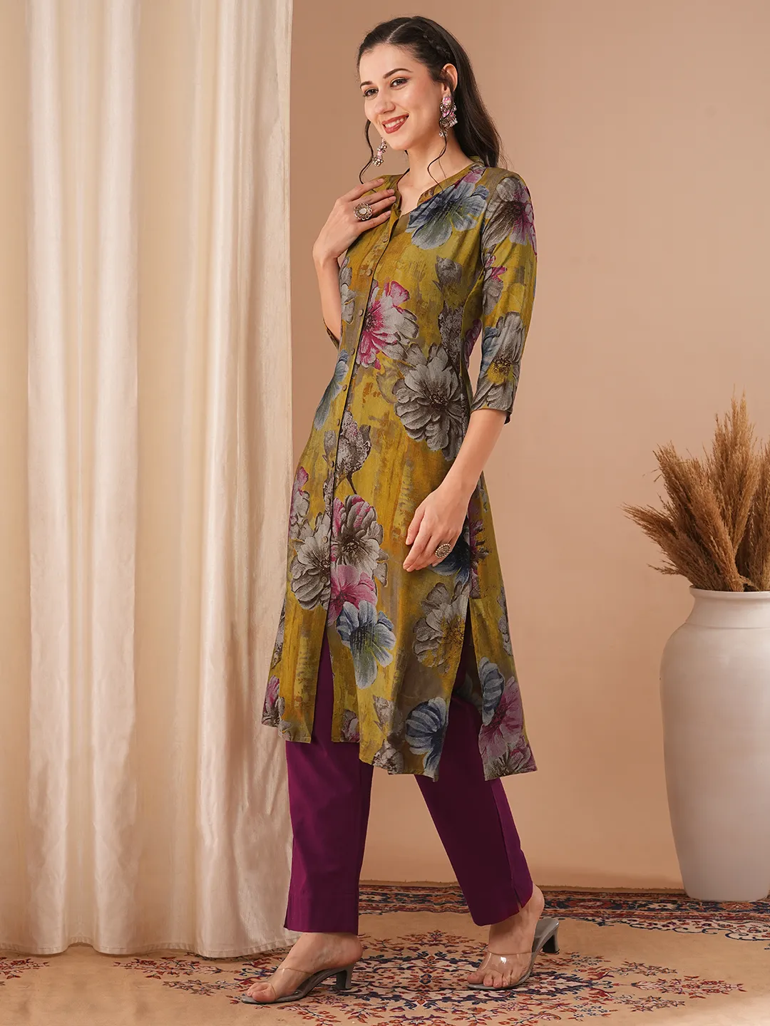 Abstract Floral Printed A-Line Kurta - Mustard