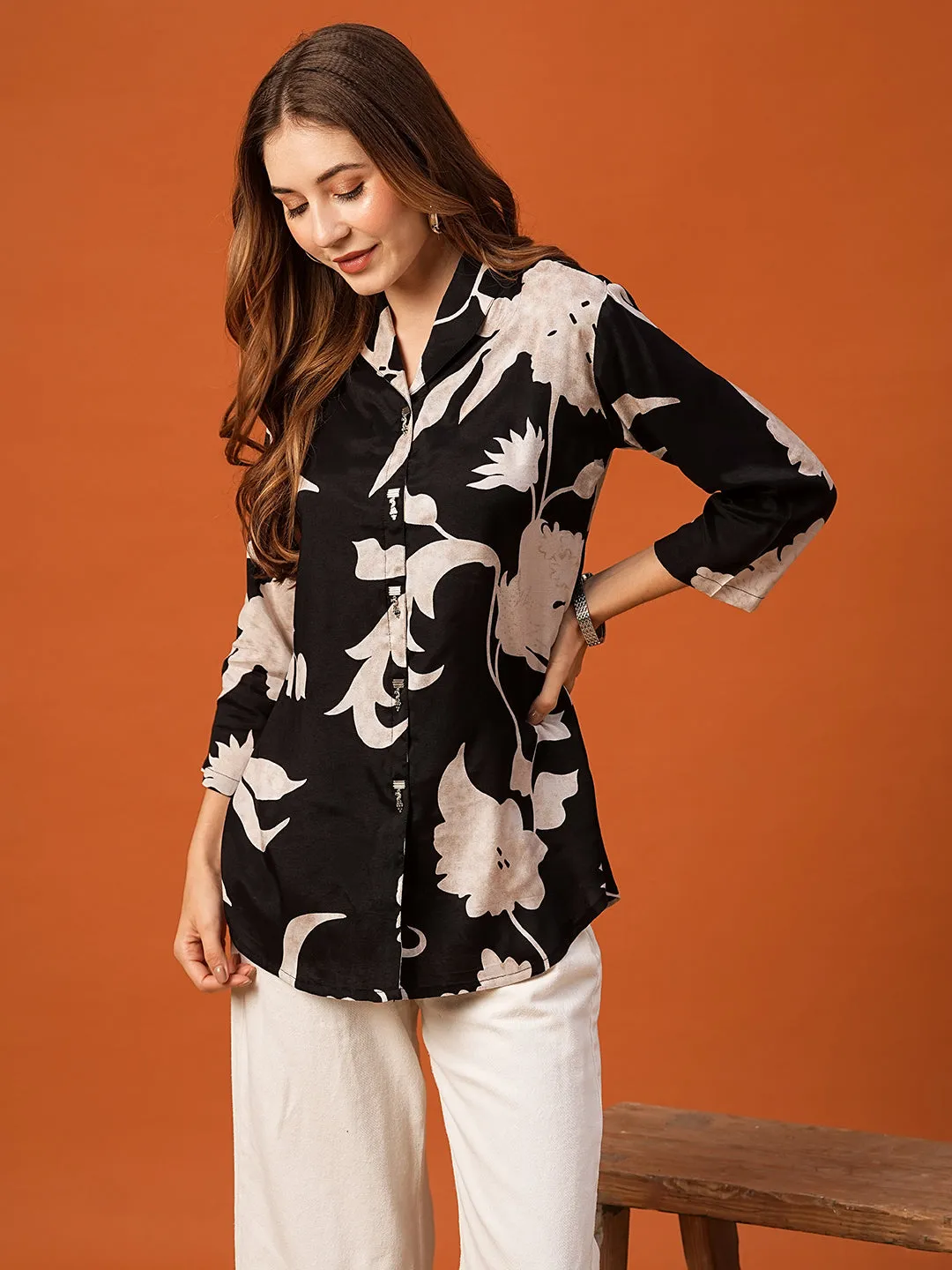 Abstract Floral Printed Straight Fit Kurti - Black