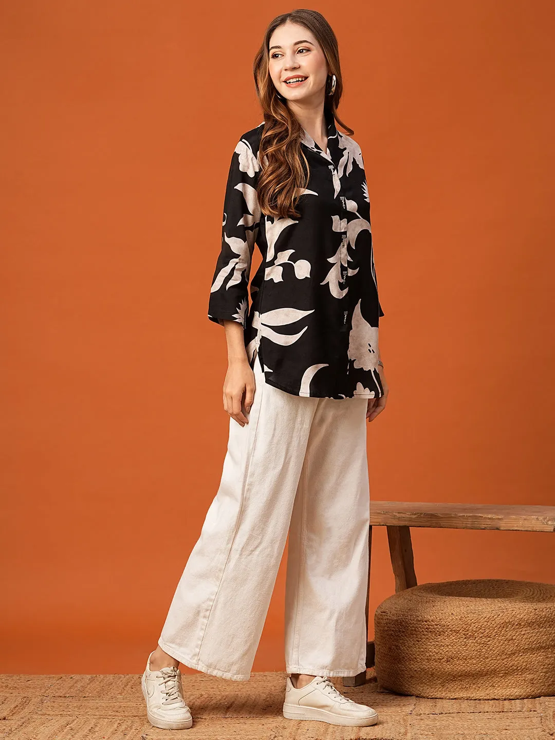 Abstract Floral Printed Straight Fit Kurti - Black