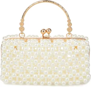 Acrylic Beaded Pearl Handbag Long Wallet Handheld Box Evening Bag Pearl Clutch for Wedding Party