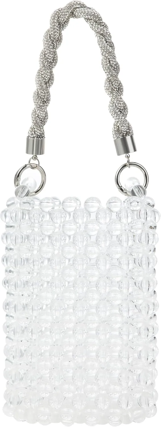 Acrylic Beaded Phone Bag with Detachable Metal Handle & Shoulder Strap Clutch Evening Bag for Wedding and Party