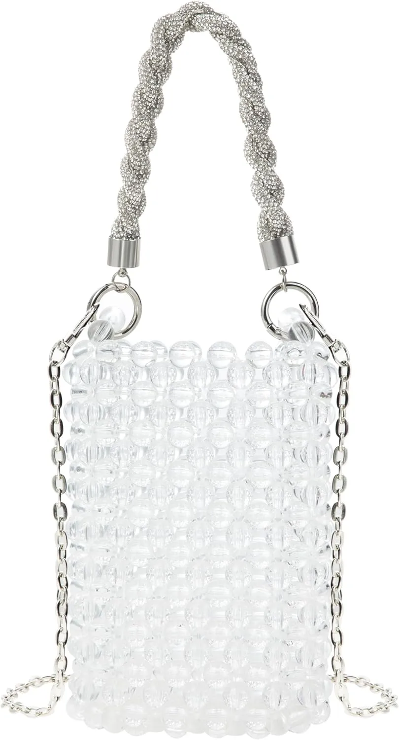 Acrylic Beaded Phone Bag with Detachable Metal Handle & Shoulder Strap Clutch Evening Bag for Wedding and Party
