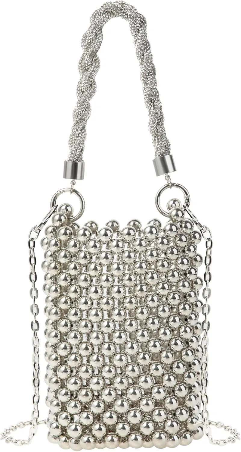 Acrylic Beaded Phone Bag with Detachable Metal Handle & Shoulder Strap Clutch Evening Bag for Wedding and Party