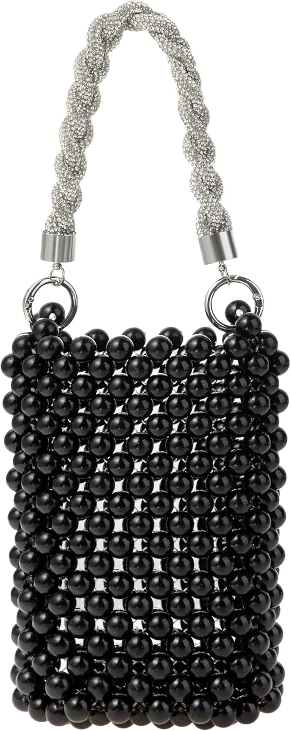 Acrylic Beaded Phone Bag with Detachable Metal Handle & Shoulder Strap Clutch Evening Bag for Wedding and Party